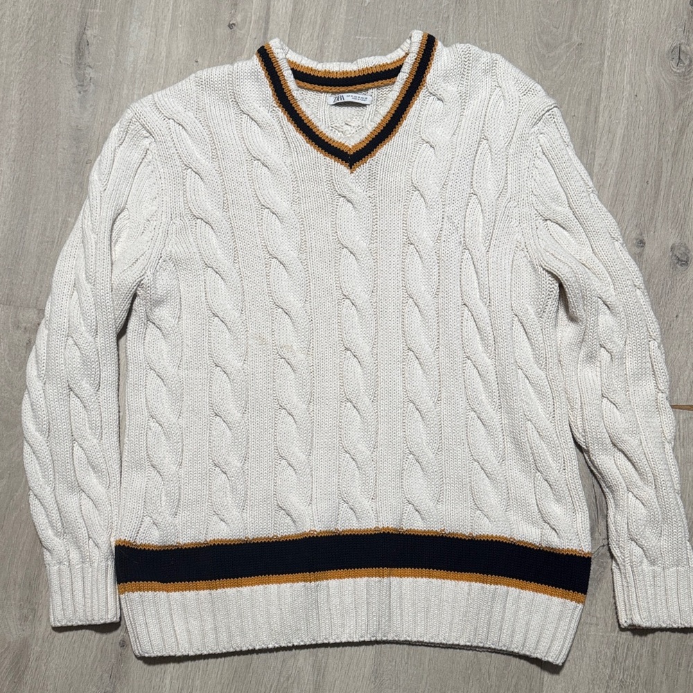 Zara V-Neck Sweater in White with Black and Gold Accents